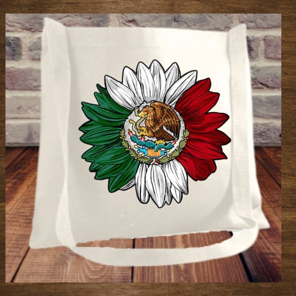 Mexico Flag Sunflower Cotton Canvas Crossbody Messenger Tote Bag with Long Strap - Picture 4 of 8